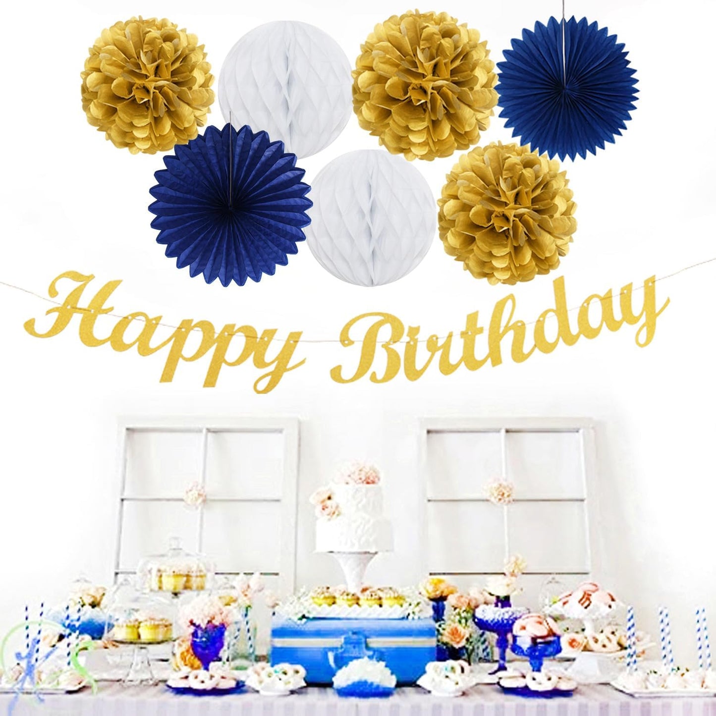 Navy-Blue Gold Birthday Party-Decorations Paper-Flowers - 14pcs Happy Banner Royal Lanterns Tissue Pom Poms,Men Streamers Garland Fans Honeycomb,Teen Boys Male Kids Hanging Supplies Decor Hugfond