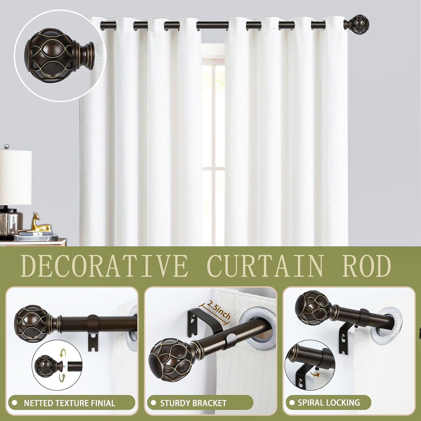 Bronze Farmhouse Curtain Rods for Windows:Heavy Duty Adjustable Curtain Rod for Bedroom Living Room,Boho Decorative Rustic Drapery Rods with Vintage Coastal Finial,Antique Bronze 2 Pack 18-45"