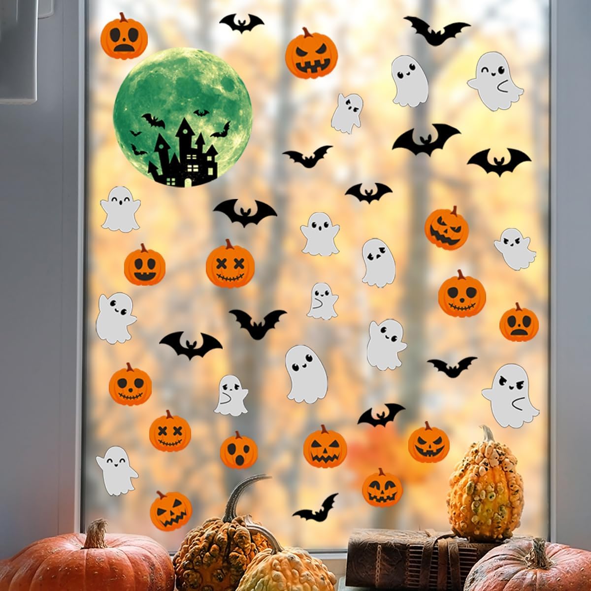 6 Sheets Halloween Window Clings Halloween Window Stickers Double-Sided Removable Castle Pumpkin Ghost Bat Window Decals Decor for Scary Halloween Theme Party Decorations
