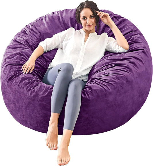 Bean Bag Chairs for Adults - Memory Foam Furniture BeanBag Chair - Kids/Teens Sofa with Soft Micro Fiber Cover - Round Fluffy Couch for Living Room Bedroom College Dorm - 4 ft, Purple