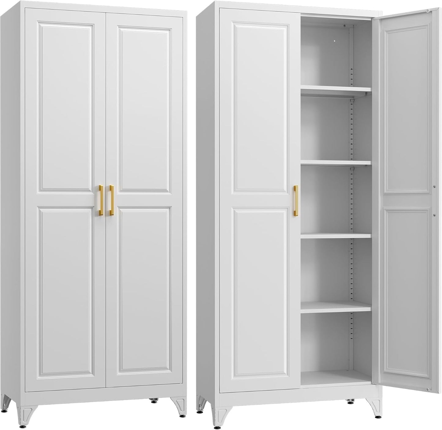 Kitchen Pantry Cabinet,75”White Metal Storage Cabinets with Doors and 4 Adjustable Shelves,Kitchen Cabinet with 2 Gold Handles,Tall Cabinet for Livingroom,Pantry, Bathroom