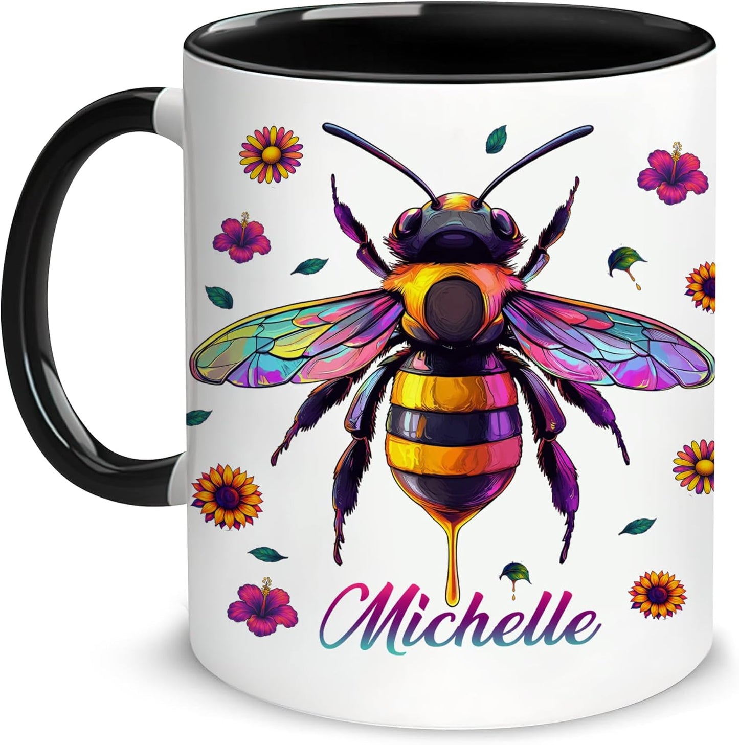 Hyturtle Personalized Colorful Bee Mug - Bee Keeper Gifts For Women Lovers Teacher - Honey Gifts For Beekeeper Farmer On Birthday - Queen Honeycomb Decor - Custom Coffee Cup Ceramic Mug 11 Oz 15 Oz