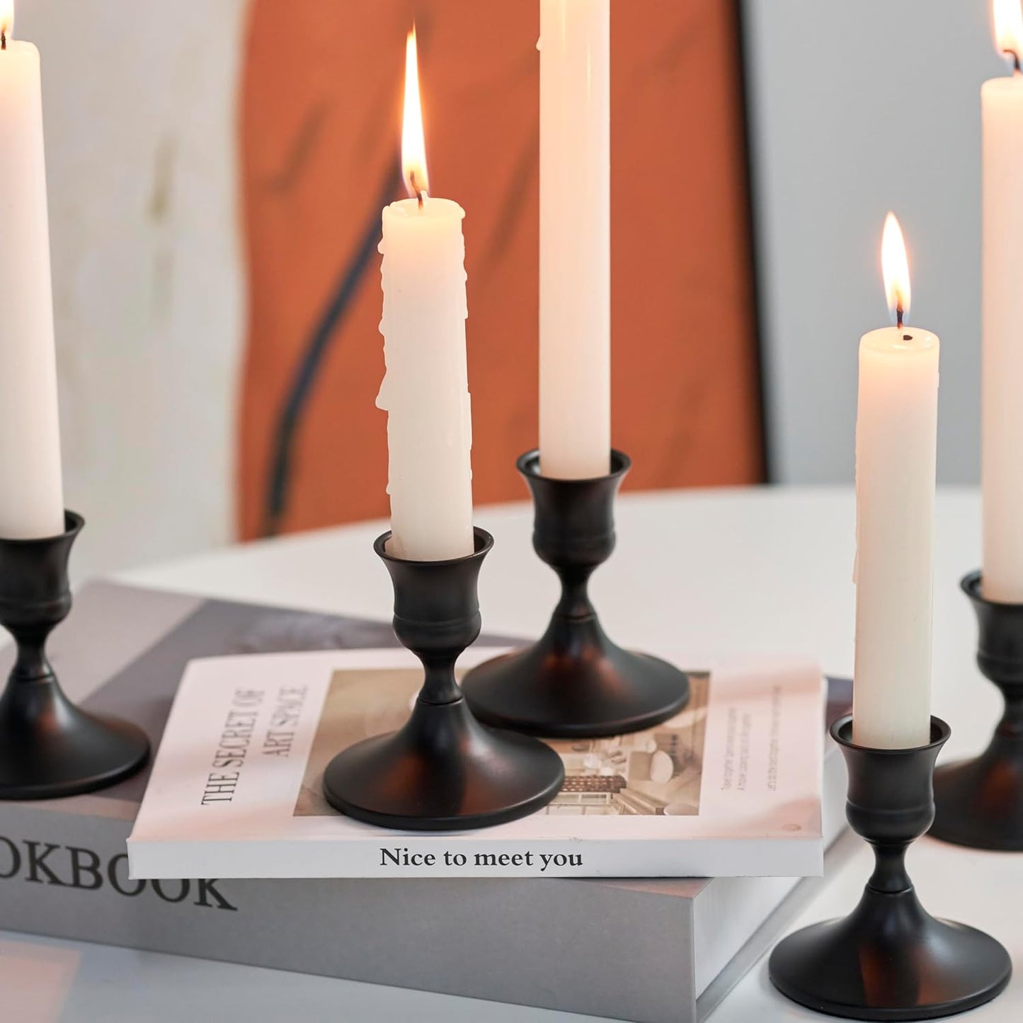 Black Taper Candle Holder, Candlestick Holders, Vintage Metal for Table Centerpieces Wedding Decor (Matte Black, 6 Pcs)