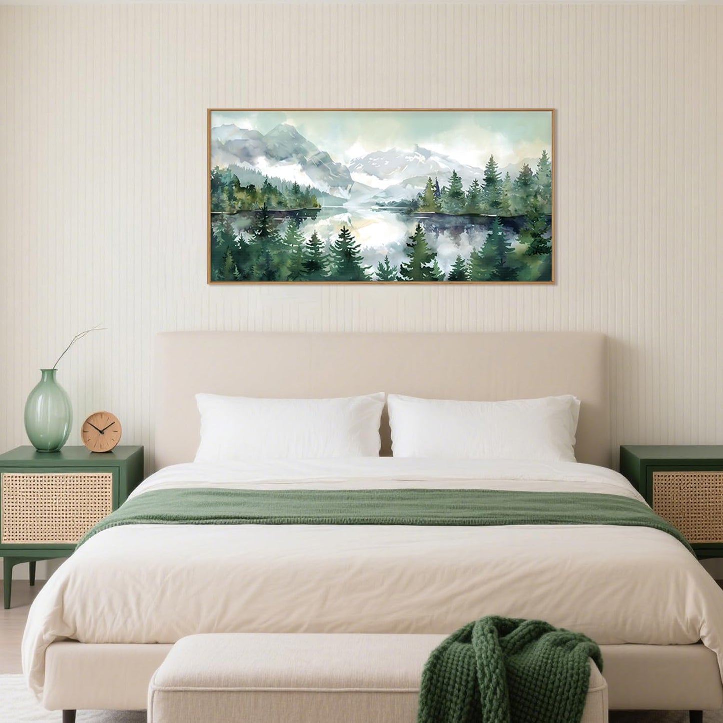Celestdeco Watercolor Mountain Framed Canvas Wall Art Set, Boho Forest Wall Decor, Nature Green Pines Wall Painting, Forest Wilderness Artwork for Living Room, Bedroom, Dining Room, Office - 20"x40"x1