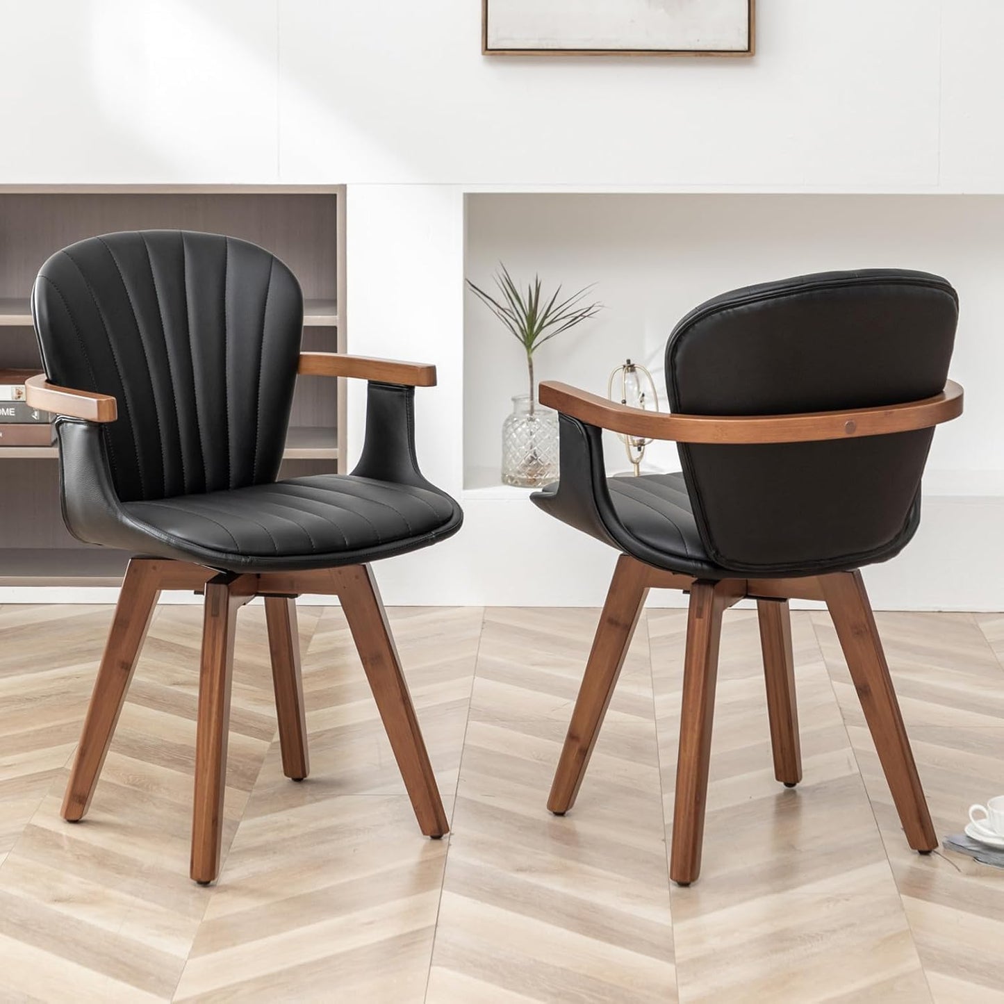 LUNLING Swivel Dining Chairs, Mid Century Modern Black Faux Leather Kitchen Chairs with Arms,Bamboo Legs Side Chairs No Wheels,Accent Chair for Dining Rooms and Offices,1PCS