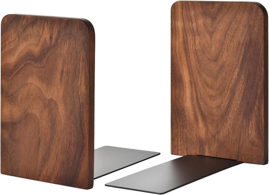 Book Ends, Black Walnut Wooden Bookends for Shelves - Heavy Duty Non-Slip Book Organizers, Upgraded Decorative Bookend Holders for Home, Kitchen, Office, Set of 2, Medium