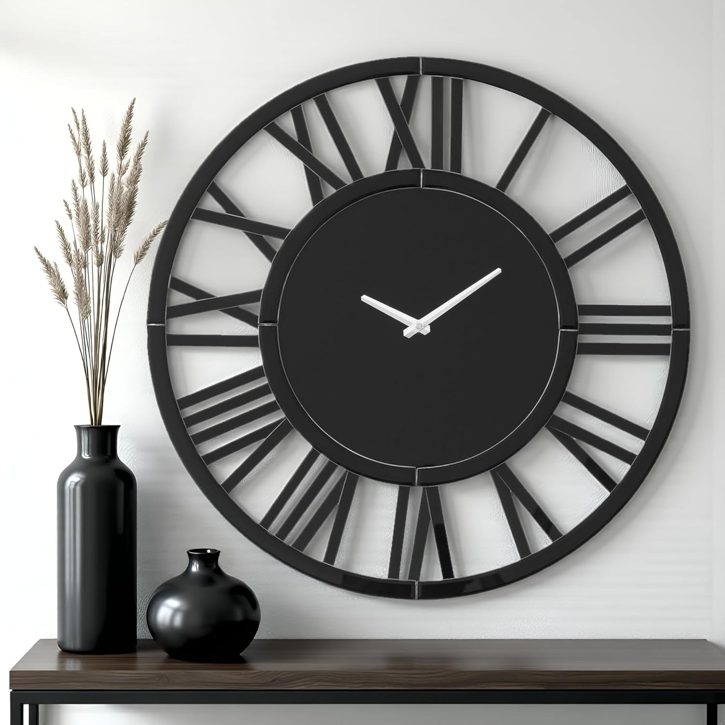SHYFOY Large Wall Clock - 31.5" Modern Black Wall Clock with Roman Numerals, Decorative Wall Clocks for Living Room, Bedroom, Office - Easy to Hang, Silent Non-Ticking
