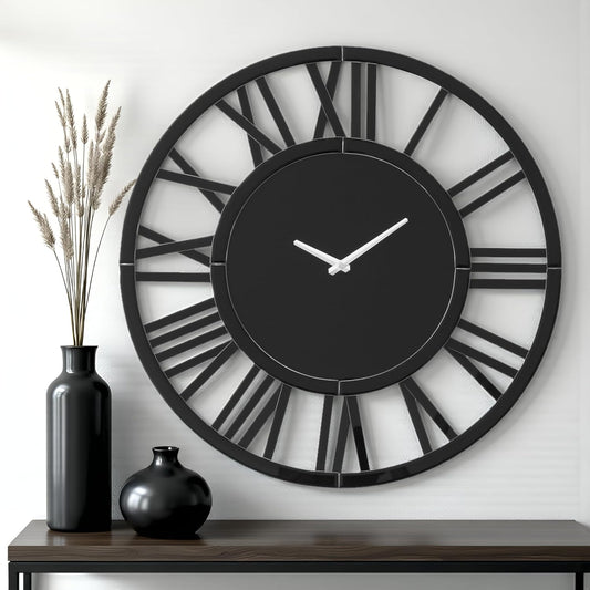 SHYFOY Large Wall Clock - 31.5" Modern Black Wall Clock with Roman Numerals, Decorative Wall Clocks for Living Room, Bedroom, Office - Easy to Hang, Silent Non-Ticking