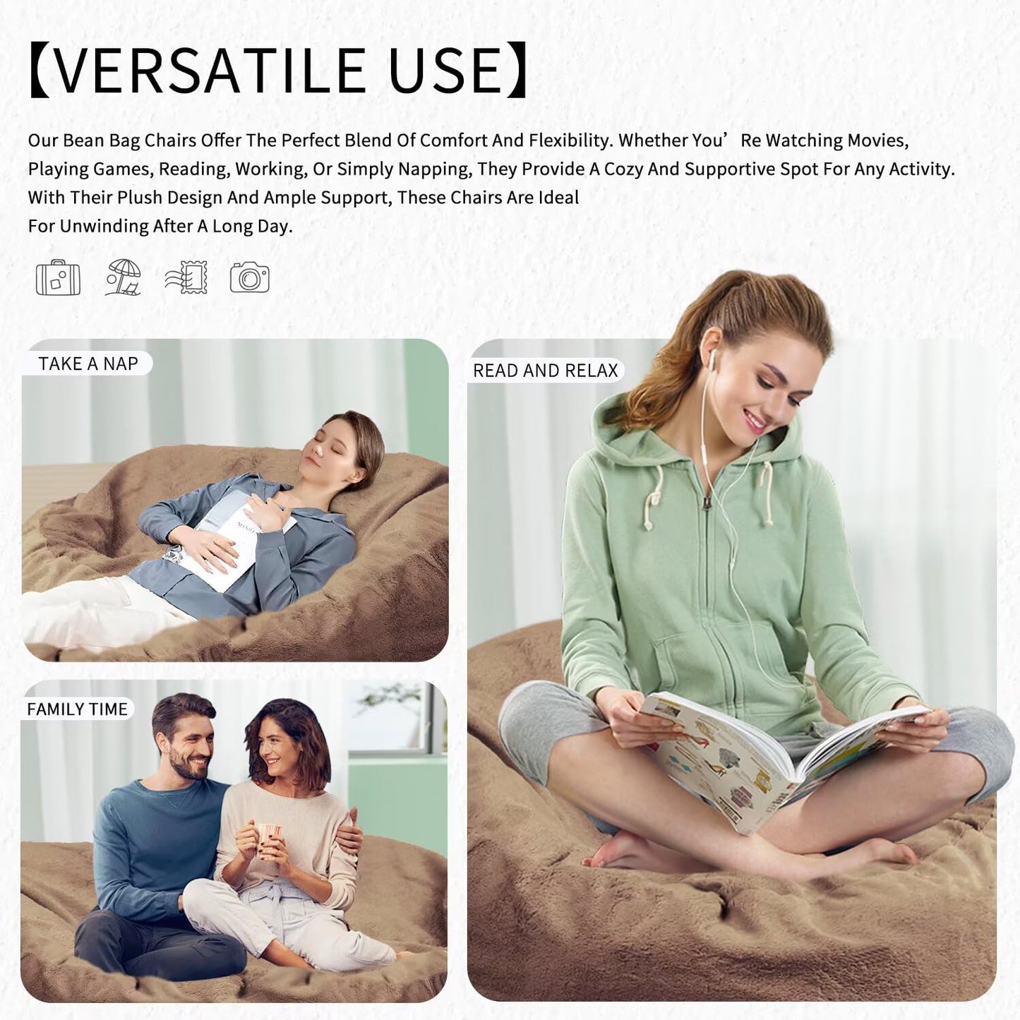 Bean Bag Chair for Adults 7FT,Soft Removable Cover for Teens/Girls Bedroom,Fluffy Giant Round Floor Beanbag Lounger Chairs (No Filler,Tan)