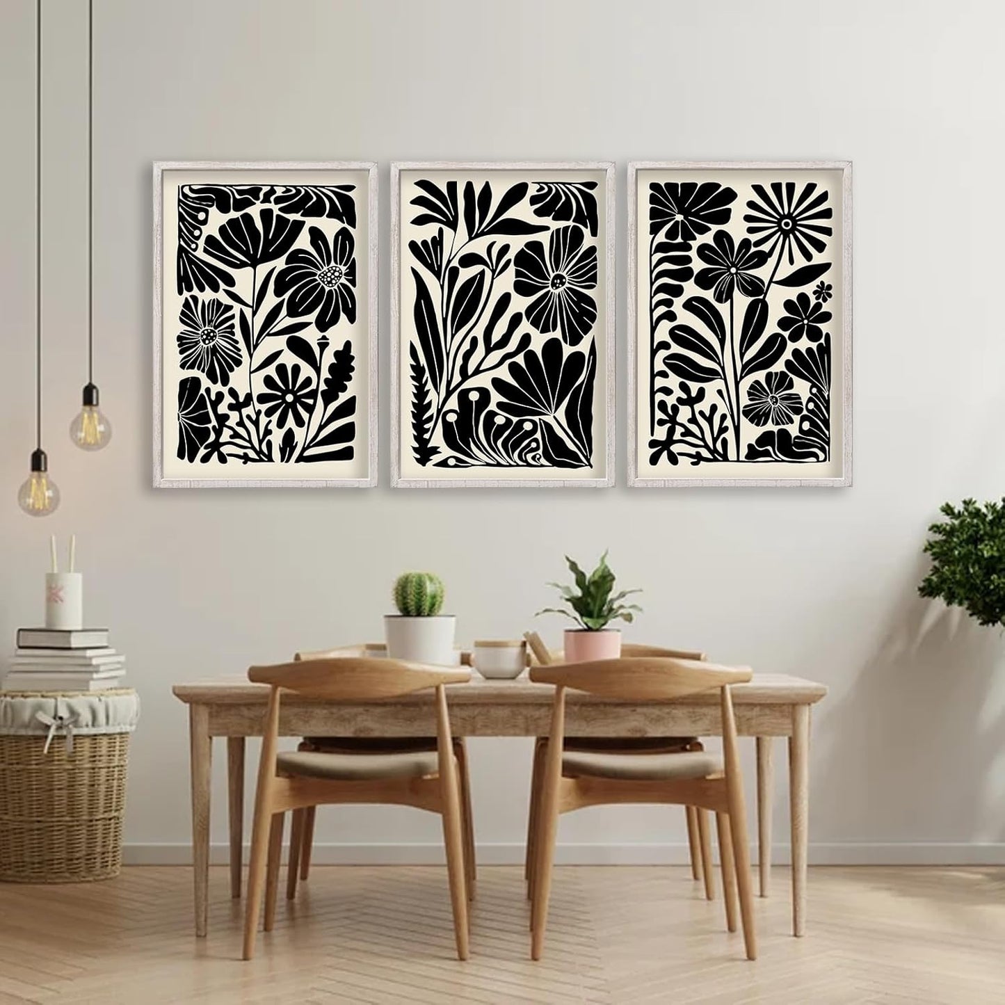 Abstract Floral Botanical Wall Art 16x11 Inch 3 Piece Black Vintage Boho Plant Flower Minimalist Wood Frame Sign Home Living Room Family Office Mid Century Print Wall Hanging Decor (White)