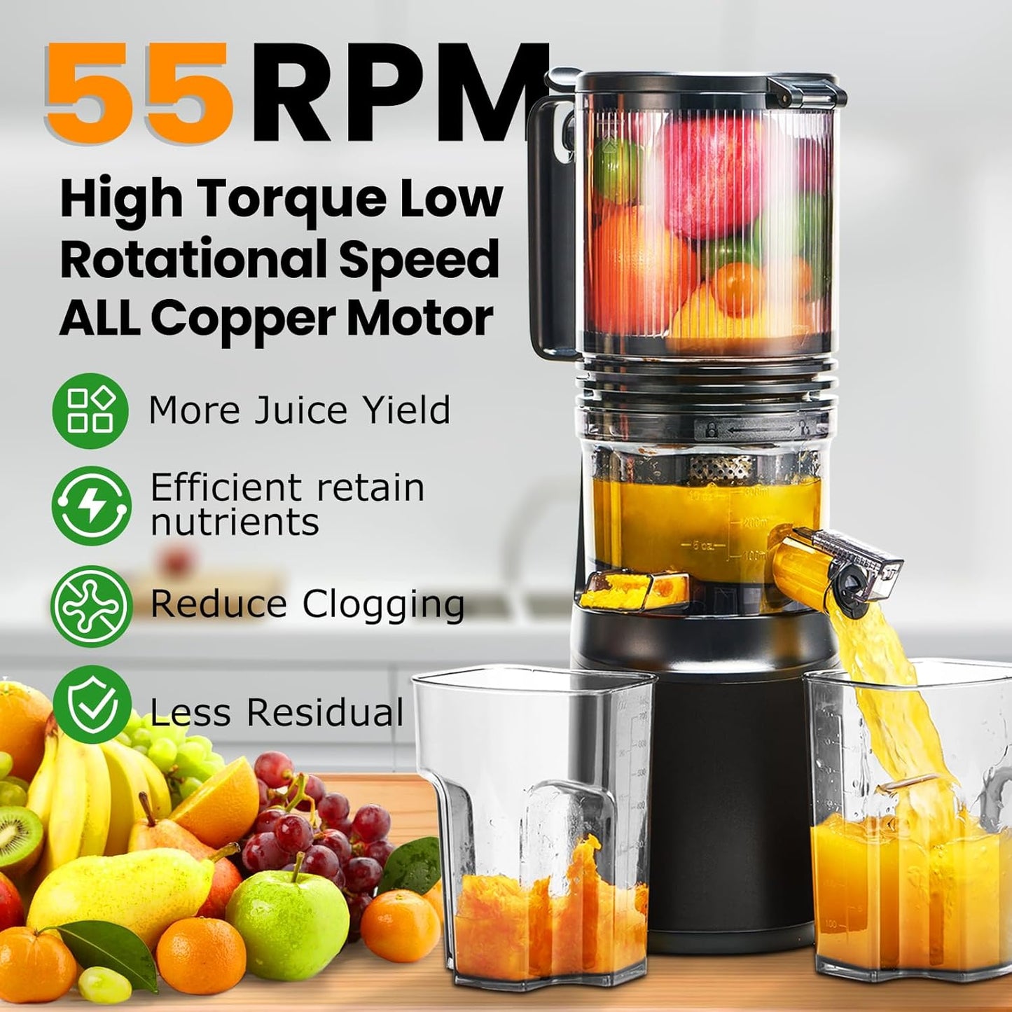 Cold Press Juicer,Slow Masticating Juicer Machines with 5.3" Large Feed Chute for Most Fruits and Vegetables,Easy to Clean Lemon Orange juicer with 250W Motor and High Juice Yield (Obsidian black)