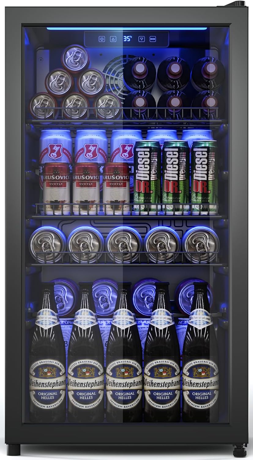 Beverage Fridge, 130 Can Mini Fridge With Glass Door, Beverage Cooler Refrigerator, Wine Drink Beer Cooler, Adjustable Shelves & Digital Temperature Display
