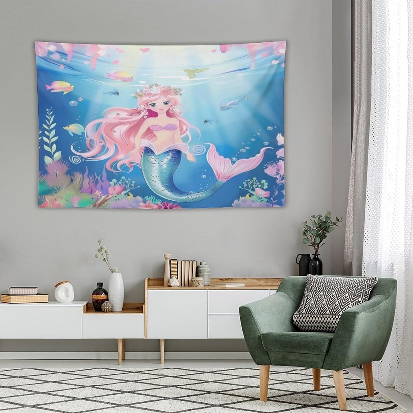 HZOHNAGO Mermaid Girls Tapestry Watercolor Mermaid Princess Pattern Printed Wall Tapestry Wall Hanging for Bedroom Living Room Dorm 90" W x 60" H