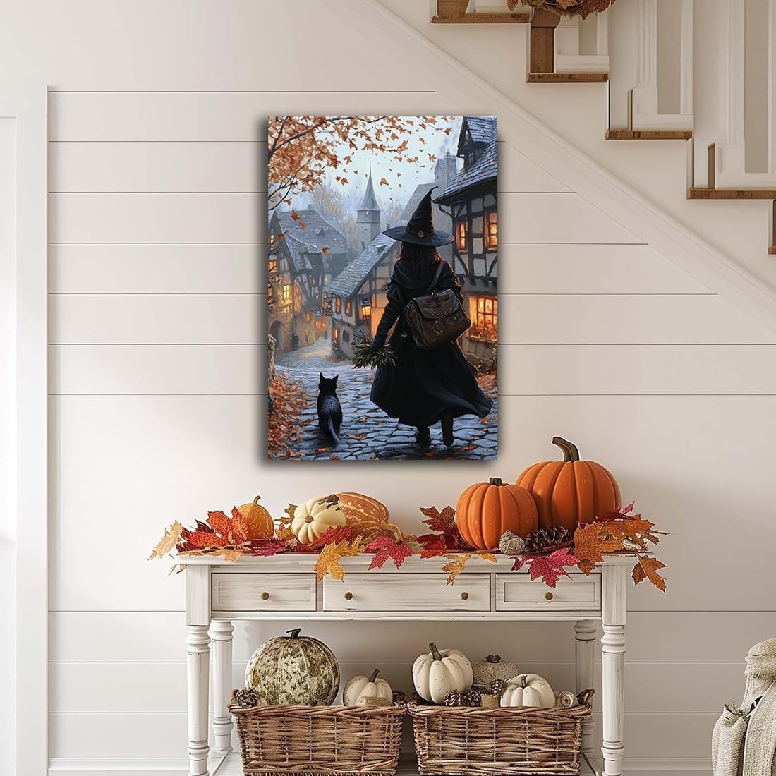 Autumn Witch And Black Cat Picture Wall Decor,Halloween Canvas Vintage Rustic Wall Art,Preppy Bedroom Living Room Bathroom Poster Print,24"x36" Unframed