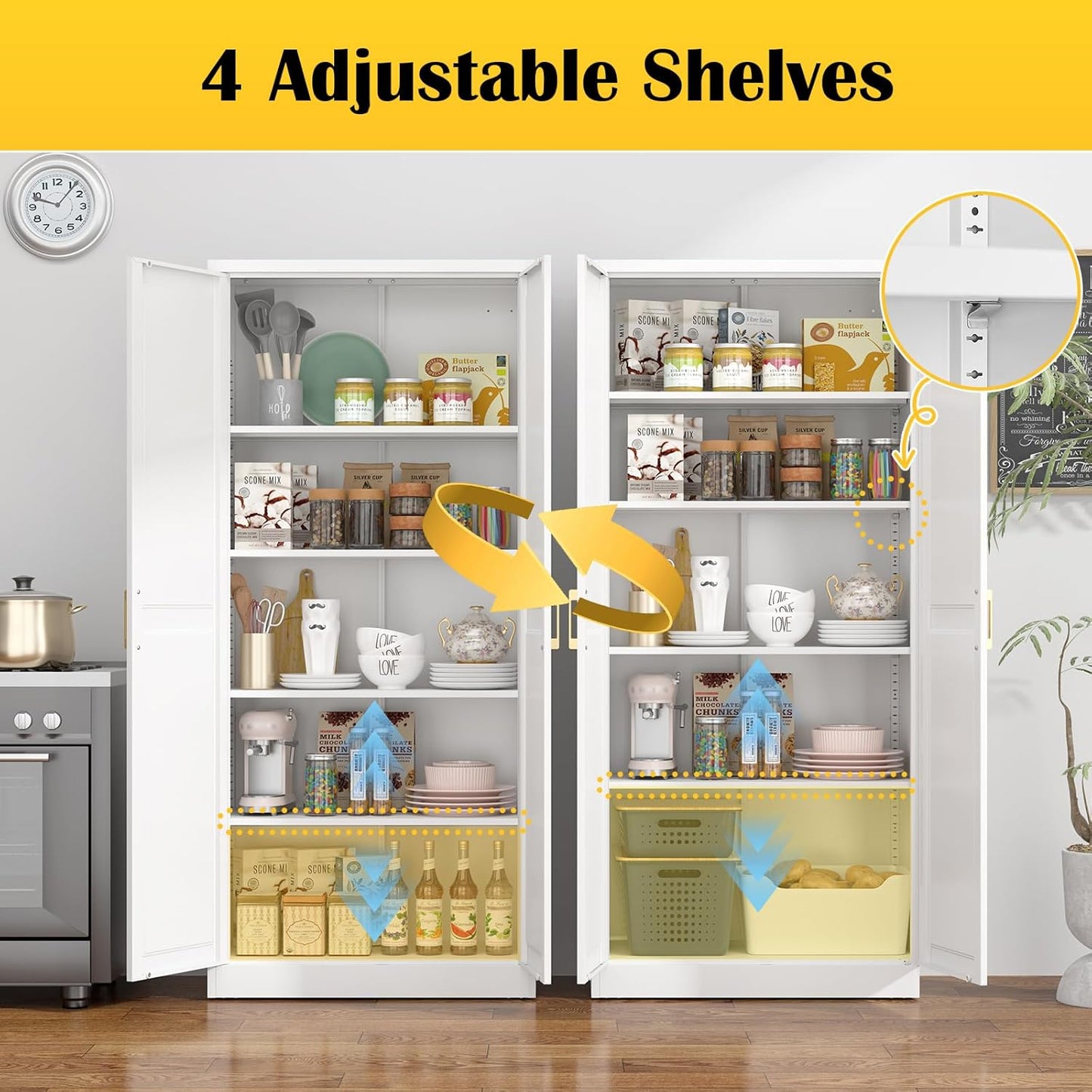 Kitchen Pantry Cabinet,71”White Metal Pantry Storage Cabinet with Doors and 4 Adjustable Shelves,Kitchen Cabinet with 2 Gold Handles,Tall Cabinet for Livingroom,Pantry, Bathroom,Kitchen