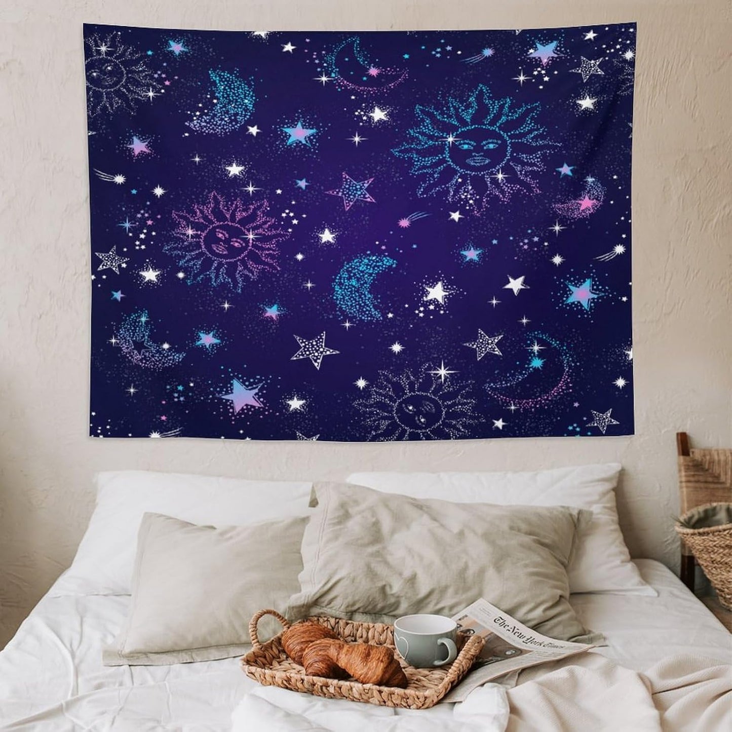 HZOHNAGO Boho Sun Moon Tapestry Purple Blue Sun Stars Galaxy Pattern Printed Wall Tapestry Wall Hanging for Bedroom Living Room Dorm 80" W x 60" H