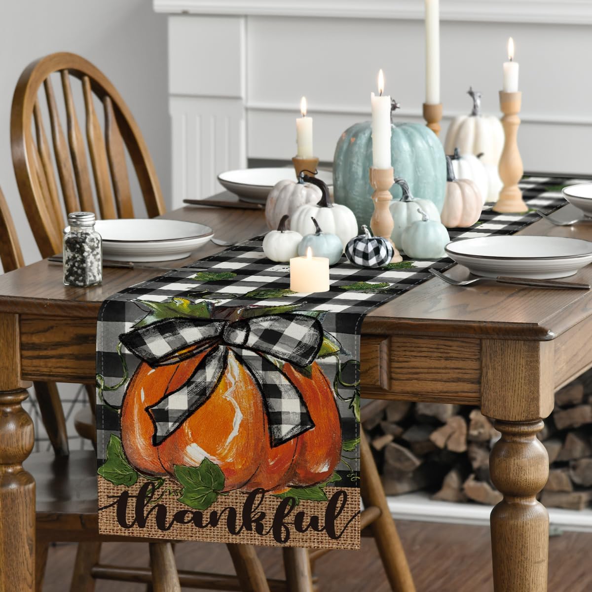 Artoid Mode Buffalo Plaid Bowknot Pumpkin Thankful Fall Table Runner, Autumn Thanksgiving Kitchen Dining Table Decoration for Home Party Decor 13x60 Inch