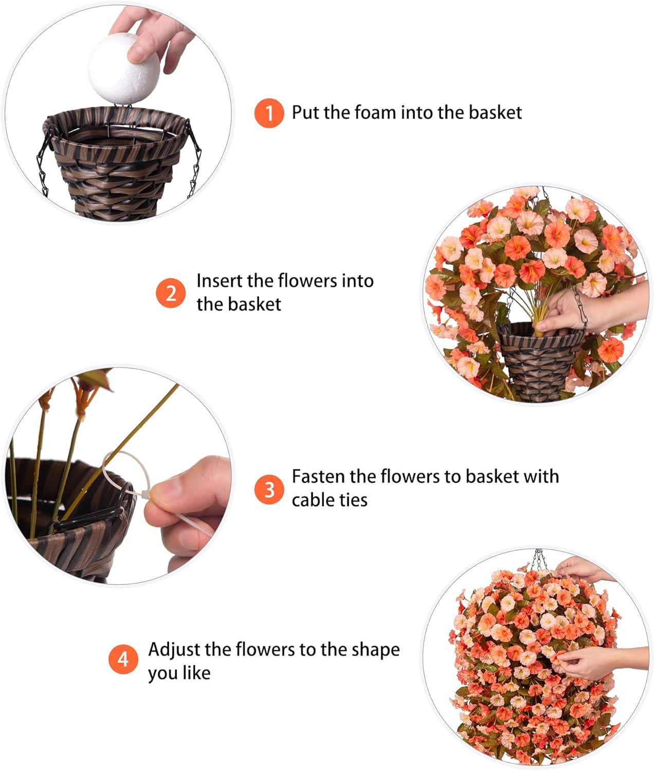 Artificial Fake Fall Hanging Flowers Plants Basket for Outdoor Autumn Decoration, Faux Silk Morning Glory Long Vines Realistic UV Resistant for Outside Home Porch Garden (Fall Orange+Light Orange)