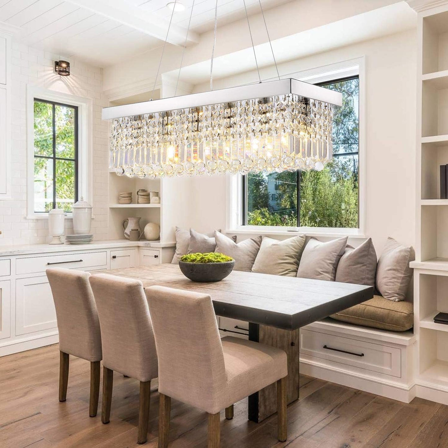 Siljoy 6-Light Modern Crystal Chandelier for Dining Room, Rectangular K9 Crystal Raindrop Chandelier, Rectangle Pendant Ceiling Light Fixture for Living Room Kitchen Island L31.5'' x W10'' x H10''