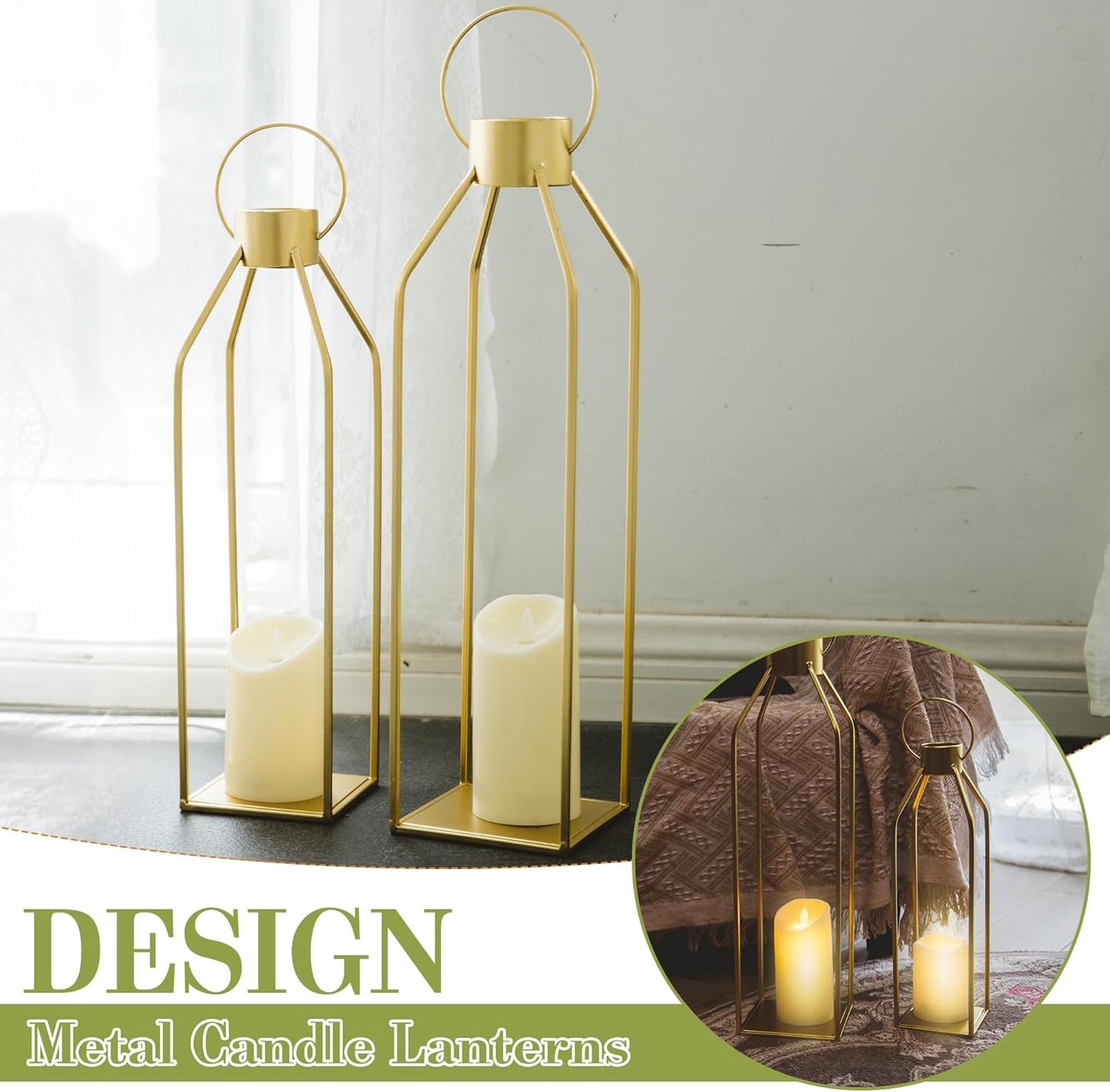 HPC Decor Modern Farmhouse Lantern - 22'' 19'' Large Tall Gold Metal Candle Lanterns with Timer Flickering Candles for Living Room, Outdoor, Fireplace Mantle Decor