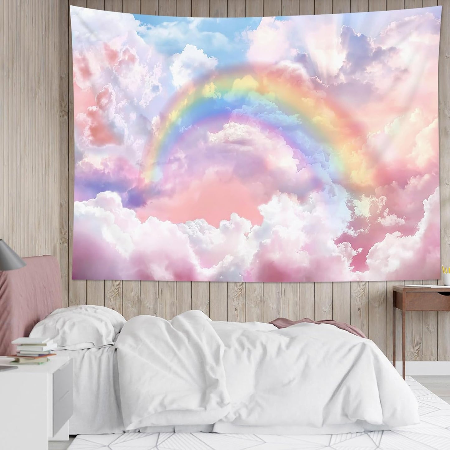 HVEST Rainbow Cloud Tapestry Wall Hanging - Rainbow and Pink Cloud With Glow Sunshine in Pastel Sky, Aesthetic Nature Landscape for Living Room Bedroom Decor, 59x51 Inches