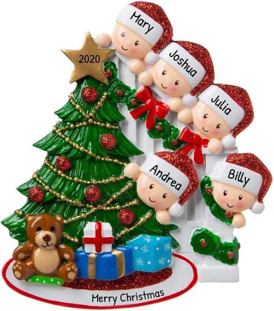 3D Peeking Family of 5 Ornament 2025 Personalized Family Christmas Ornaments 2025 | Staircase Personalized Tree Ornaments for Grandchildren, Siblings & Grandkids Xmas Tree with Gifts of Five Ornament