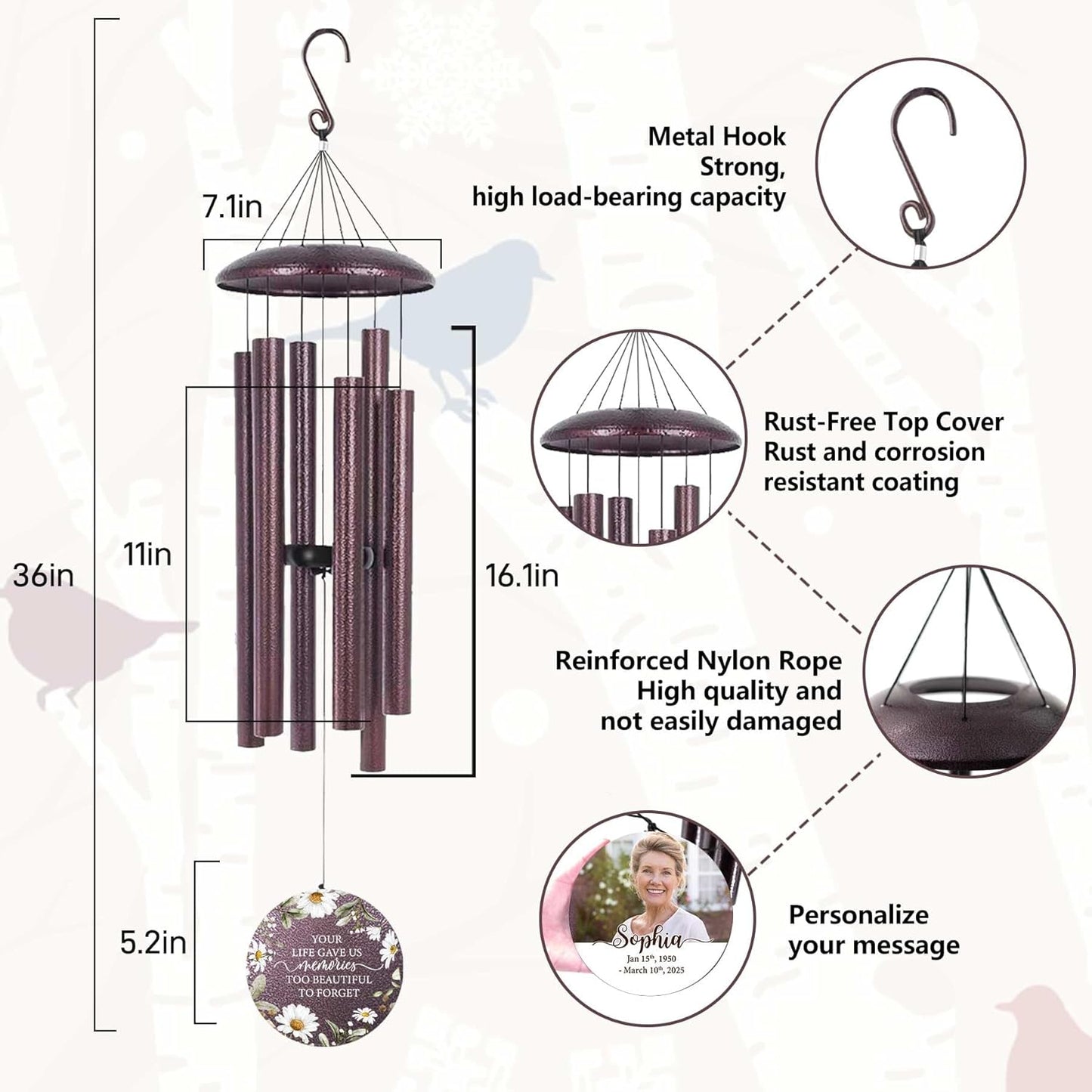 ASTARIN Personalized Deep Tone Wind Chime Memorial, Customized Sympathy Wind Chimes, Memory Wind Chimes for Loved Ones Lost, Bereavement Gifts Windchimes Outdoor