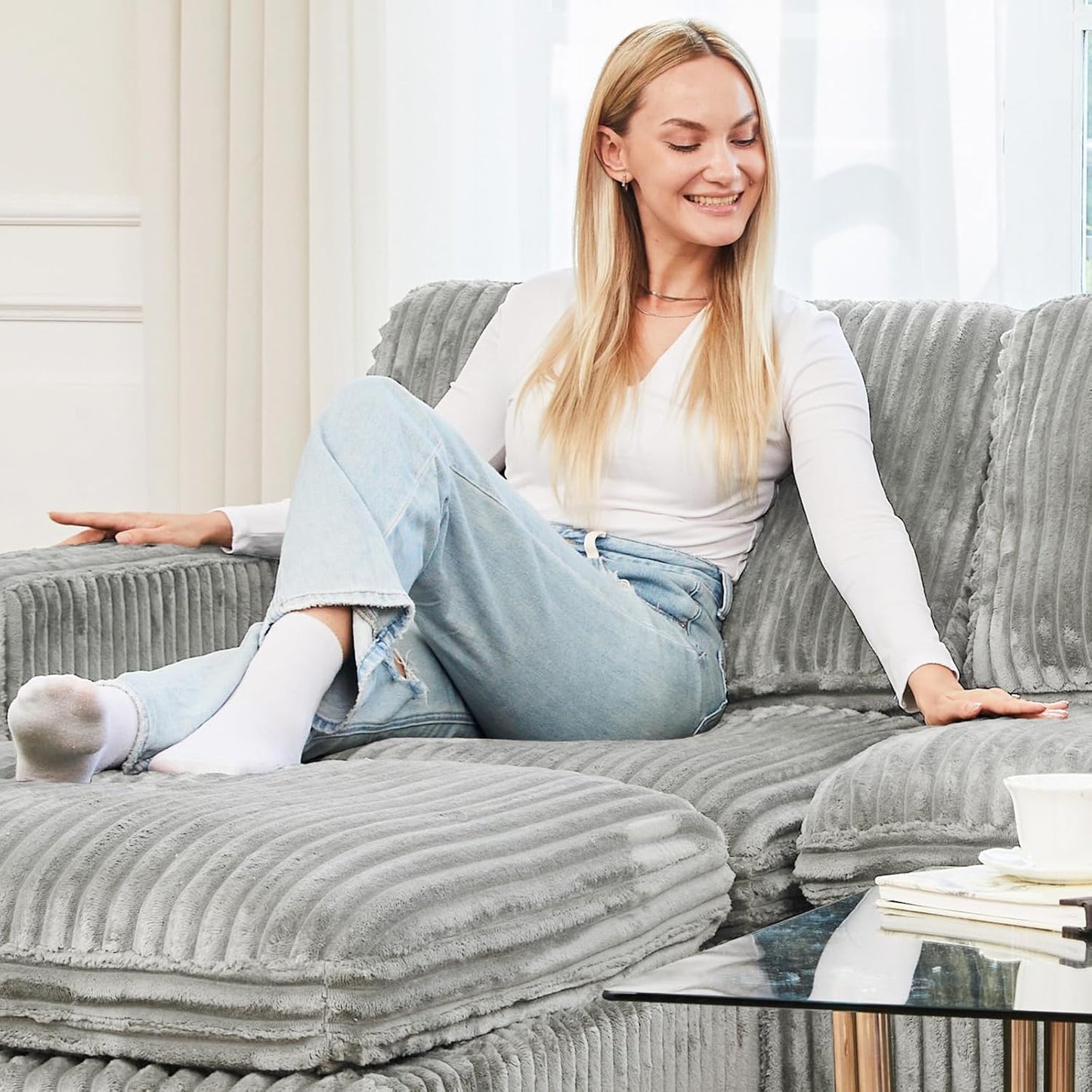 Belffin Modular Sectional Sofa with Sleeper Sofa, Oversized Cloud Couch with Extra Deep Seat, Upholstered 6 Seat Sectional Couches for Living Room, Plush Corduroy Light Grey