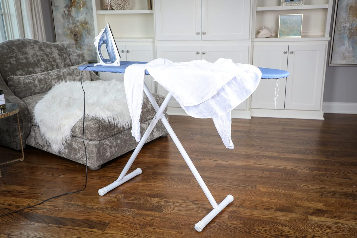 54" Full-Size Adjustable Ironing Board w/Thick Pad Cover, Leg Locking System, Foldable and Collapsible, Heavy-Duty Alloy Steel Construction, Space Saving Design - Blue