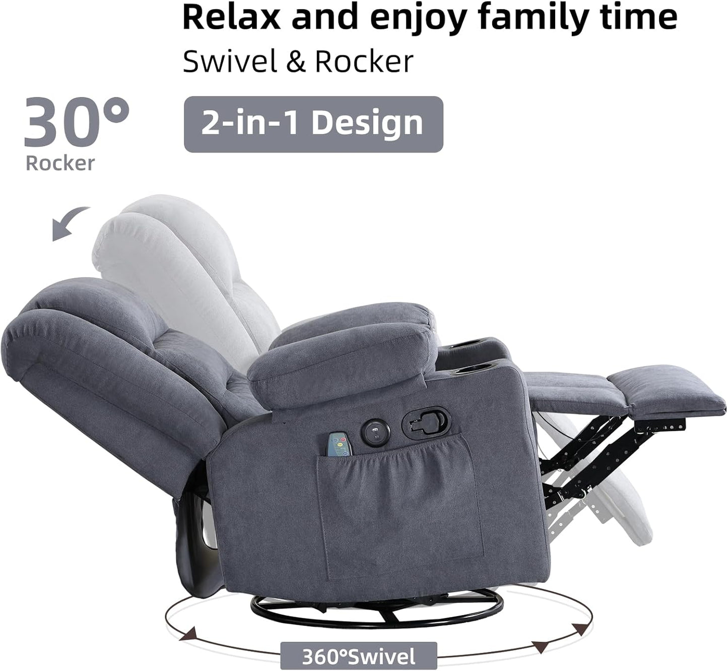 Rocker Recliner Chair with Heat and Massage, 360° Swivel Recliner Chairs for Adults, Heavy Duty Reclining Sofa Chair with USB Port Cup Holders Side Pockets for Living Room (Grey)
