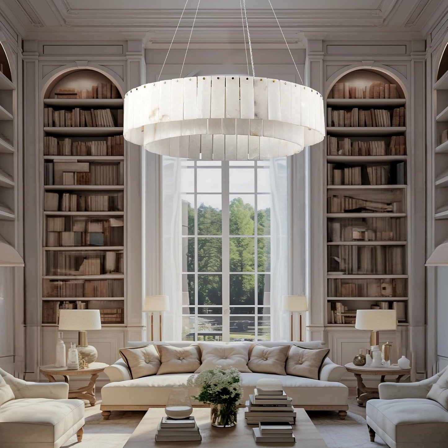 Alabaster Round Chandelier, D31in Modern Dining Room Chandeliers, Marble Pendant Lights Kitchen Island, Drum Chandelier for Dining Room Light Fixture, Living Room, Bedroom Lights, Foyer, Kitchen