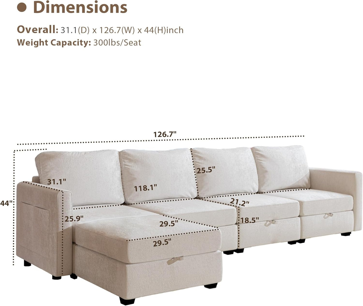 mestyl Modular Sectional Sofa Convertible L Shaped Sofa Couch Set with Storage for Living Room, Modern 4 Seater Modular Sectional Couch with Movable Ottoman (Beige)