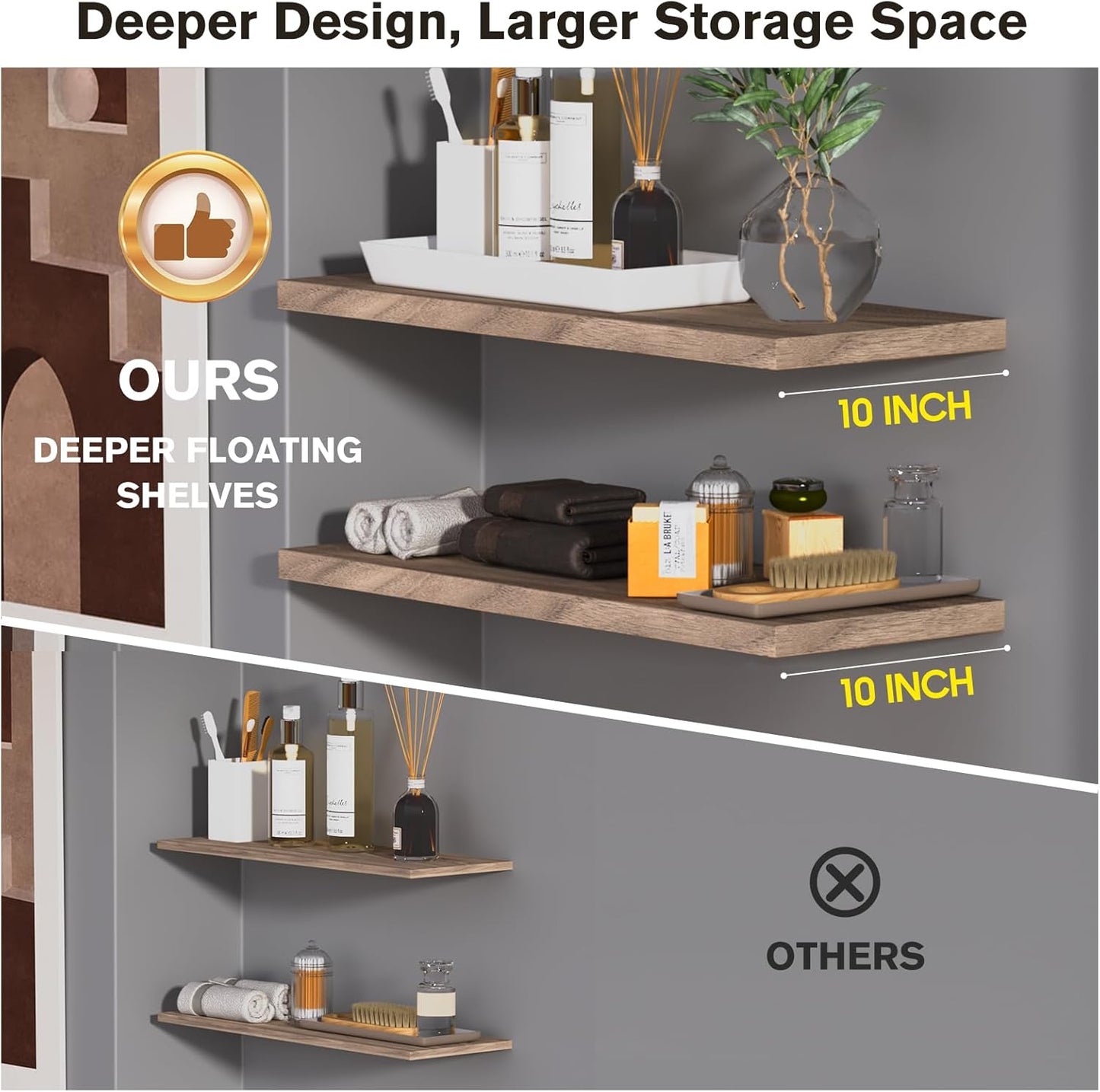 Wall Shelf Set of 2, Walnut Floating Shelves 36 in W x 10 in D x 1 in H, Wooden Floating Wall Shelf with Invisible Brackets for Living Room/Bedroom/Bathroom/Kitchen Storage and Decor