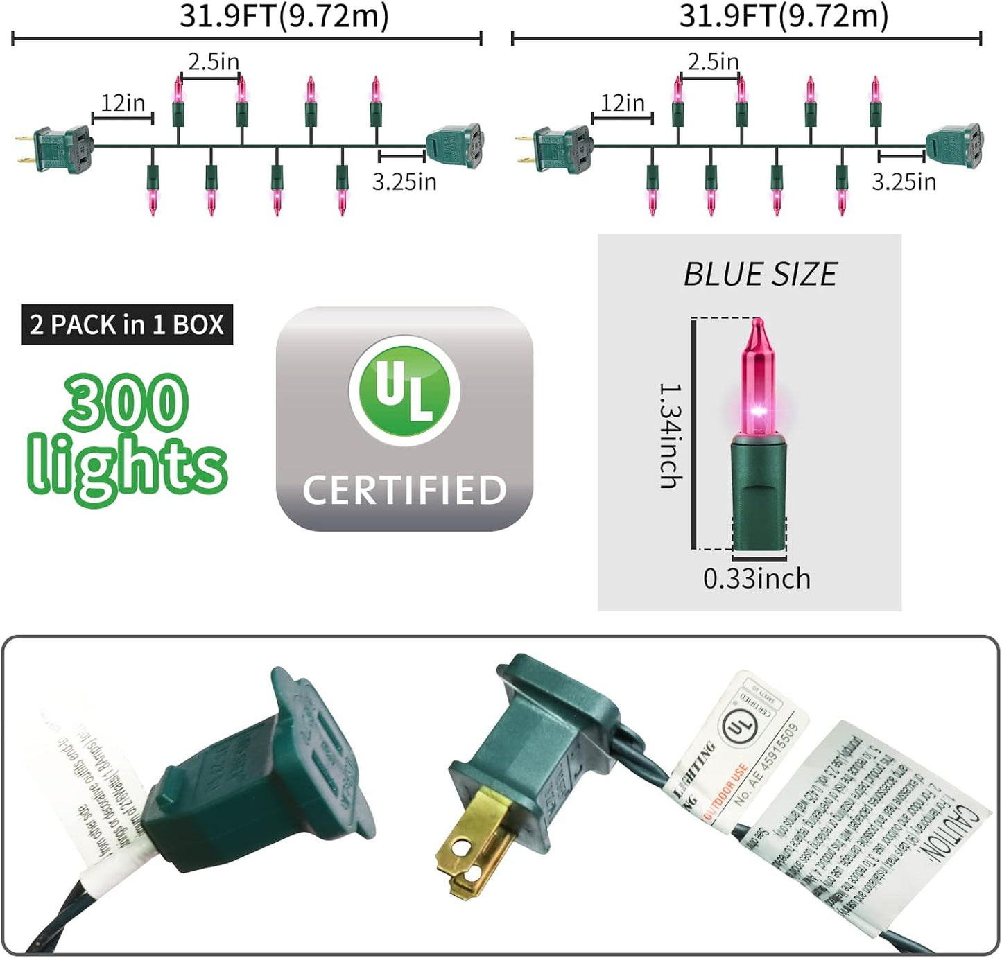 Green Wire, Pink Incandescent Bulb 300 Mini String Lights for Indoor Christmas Tree Garland Birthday Wedding Party Festival Decoration