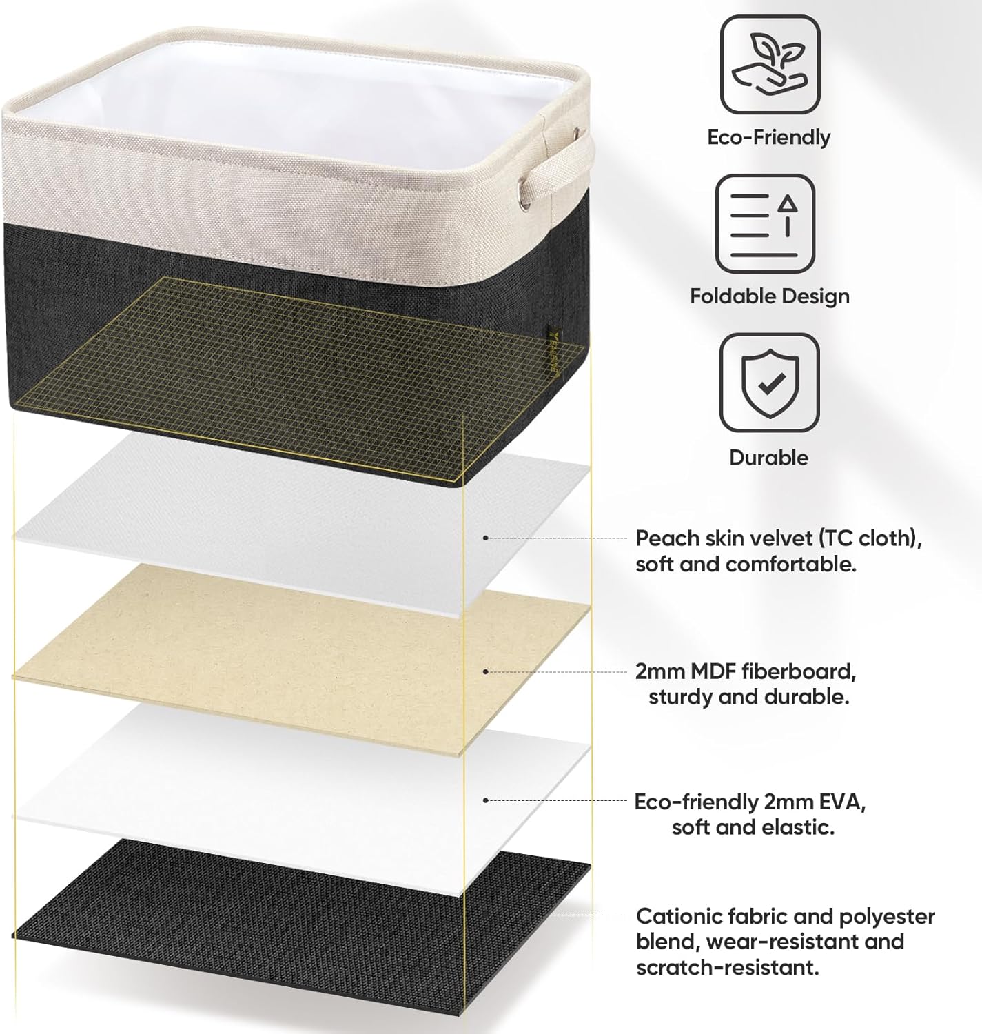 BALEINE 2 Pack Fabric Storage Bins for Shelves, Linen Storage Baskets for Organizing, Decorative Closet Bins for Clothes, Home (Black, 12"x8"x8")