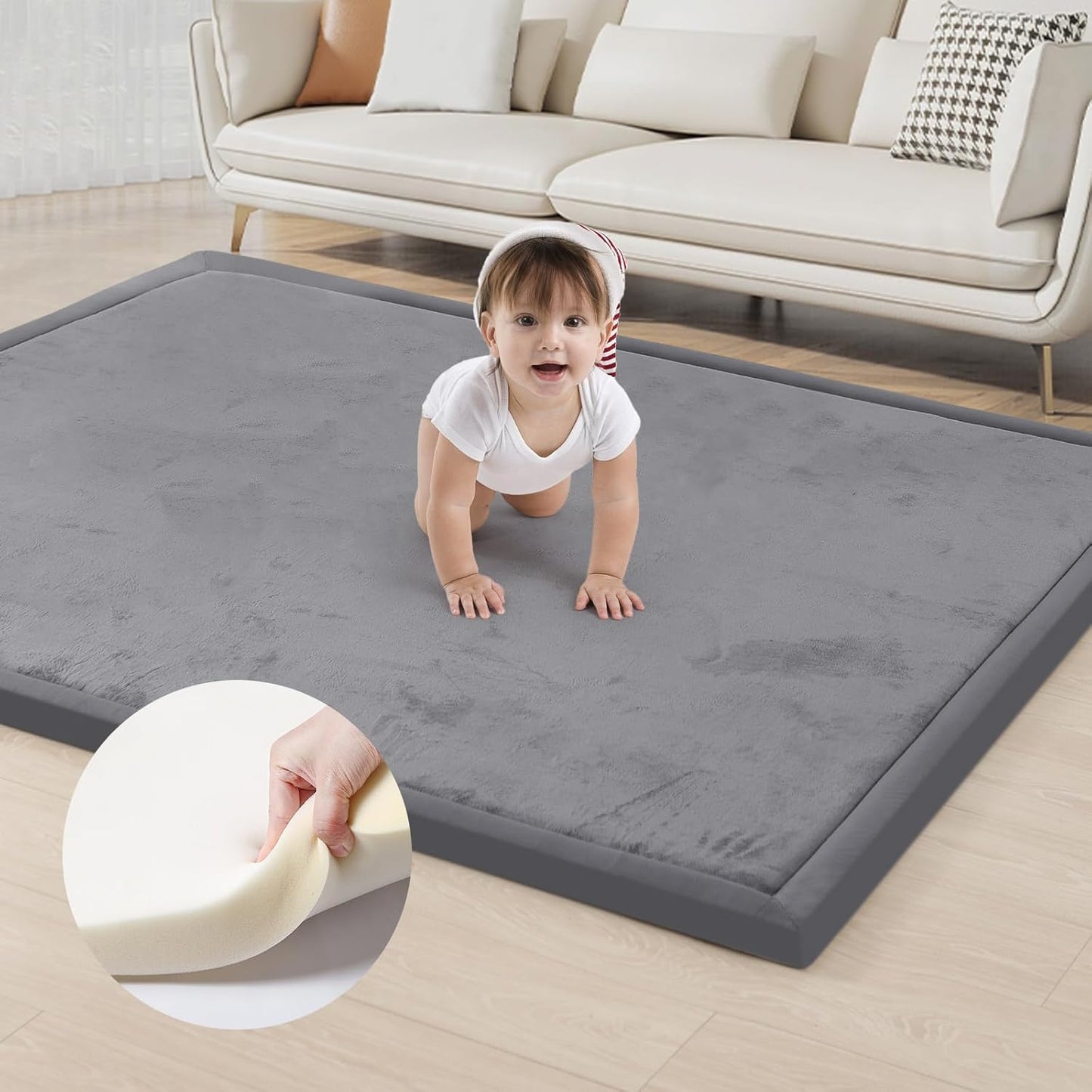 ACOMOPACK Baby Play Mat for Floor 1.3" Thick Memory Foam Play Mat 79"×157" Tummy Time Crawling with Non-Slip Bottom for Living Room,Nursery,Soft Velvet Playpen Mats for Kids,Infants（Dark Grey）