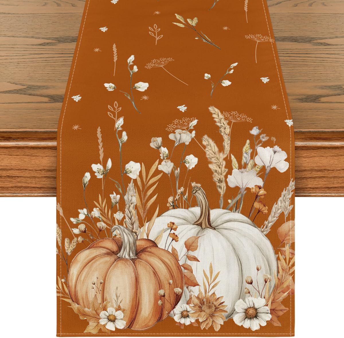 Artoid Mode Orange Pumpkins Leaves Flowers 210 GSM Fall Table Runner, Seasonal Autumn Kitchen Dining Table Decoration for Home Party Decor 13x36 Inch