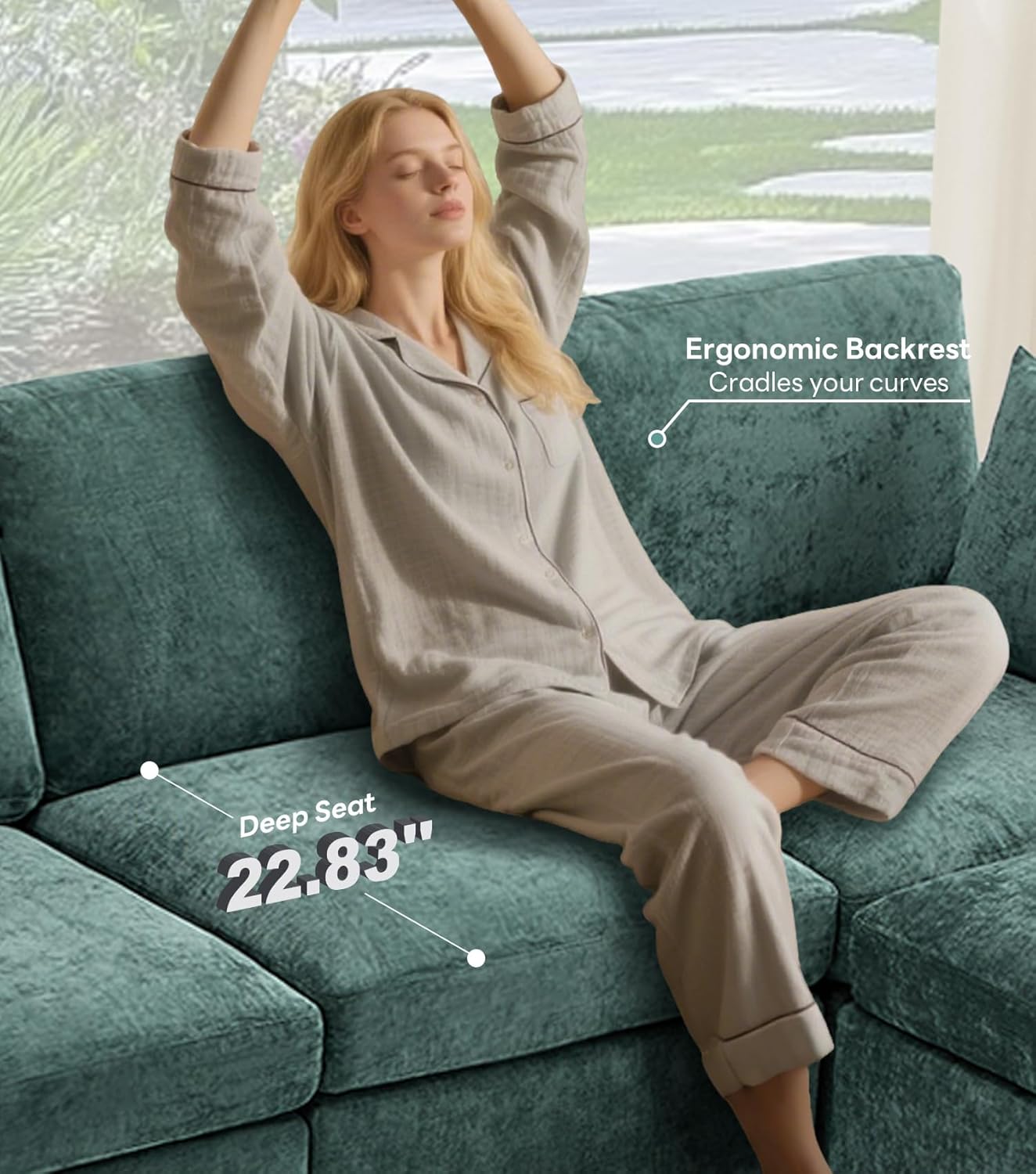 Tbfit U Shaped Couch 8 Seat, Sectional Sofa for Living Room,Chenille Cloud Couch with Ottoman, Green