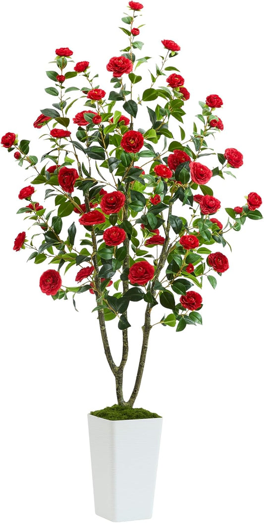 Artificial Camellia Tree 6FT Faux Trees Indoor Fake Floral Plant Blooming Tree with Red Flowers & White Tall Planter, Faux Camellia Plants for Porch Home Room Bedroom Office Front Door Outdoor Decor