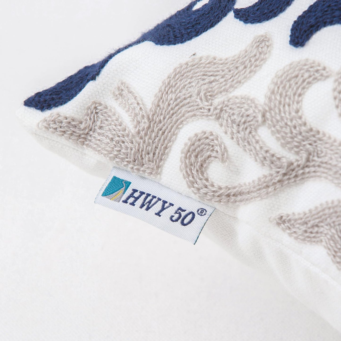 HWY 50 Navy Blue Decorative Throw Pillow Covers 18x18 Inch (1 Piece), Embroidered Cotton Farmhouse Cushion Cover Pillow Case for Sofa Couch Living Room Bed Bedroon, Floral Geometric