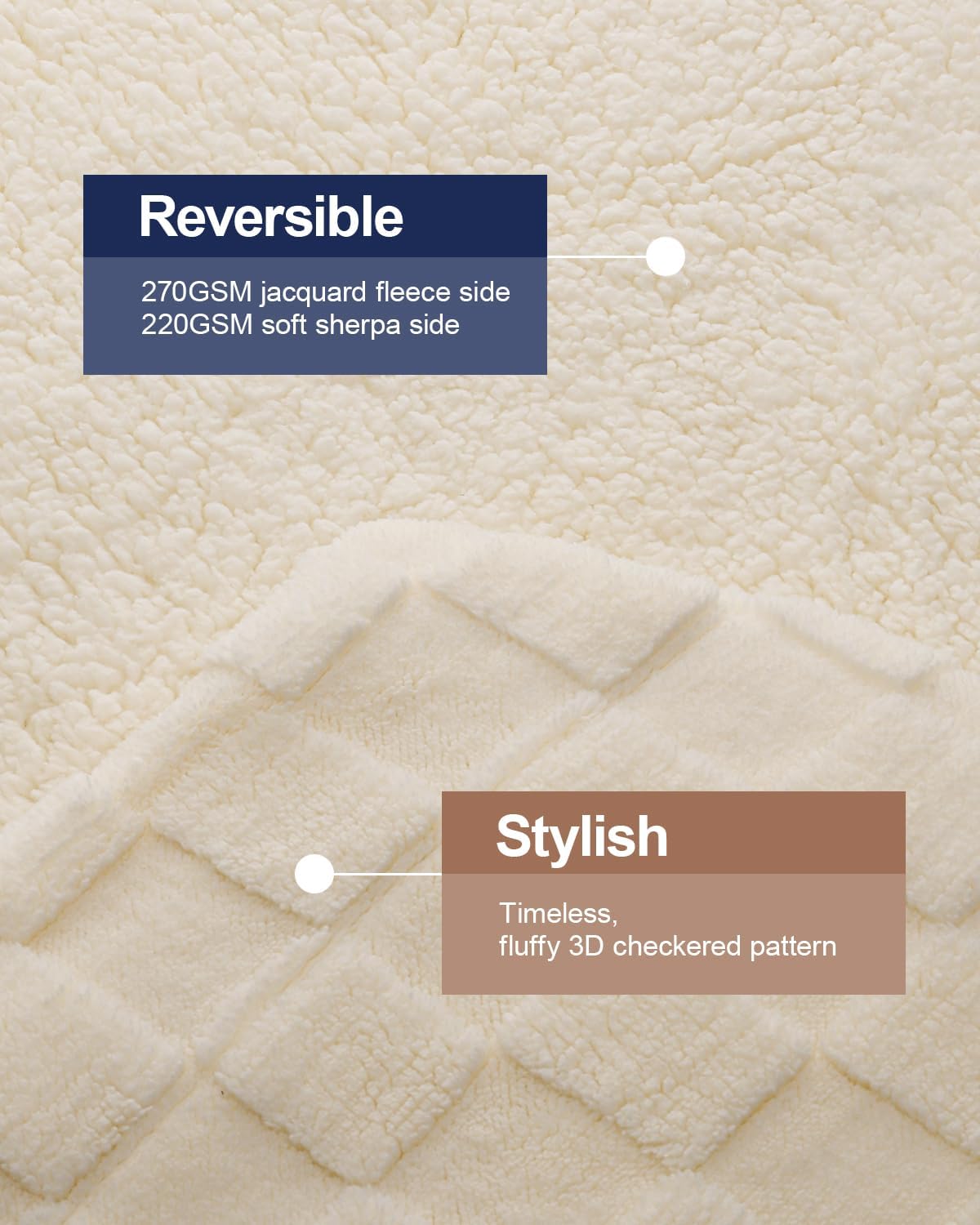 Pawque Super Soft Cozy Throw Blanket King Size for Couch Bed, Fluffy Sherpa Fleece Reversible Thick Warm Fuzzy Blanket for All-Season, 3D Checkered Jacquard Decorative Blankets, Cream White, 108"x90"