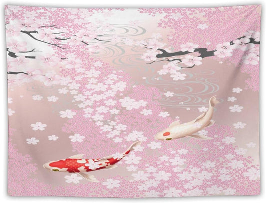 Houselerax Japanese Koi Fish Tapestry, Cherry Blossoms Asian Oriental Pink Flower Branch Koi Fish Carp Tapestries Wall Hanging for Bedroom Living Room Office Decor 60"x40"