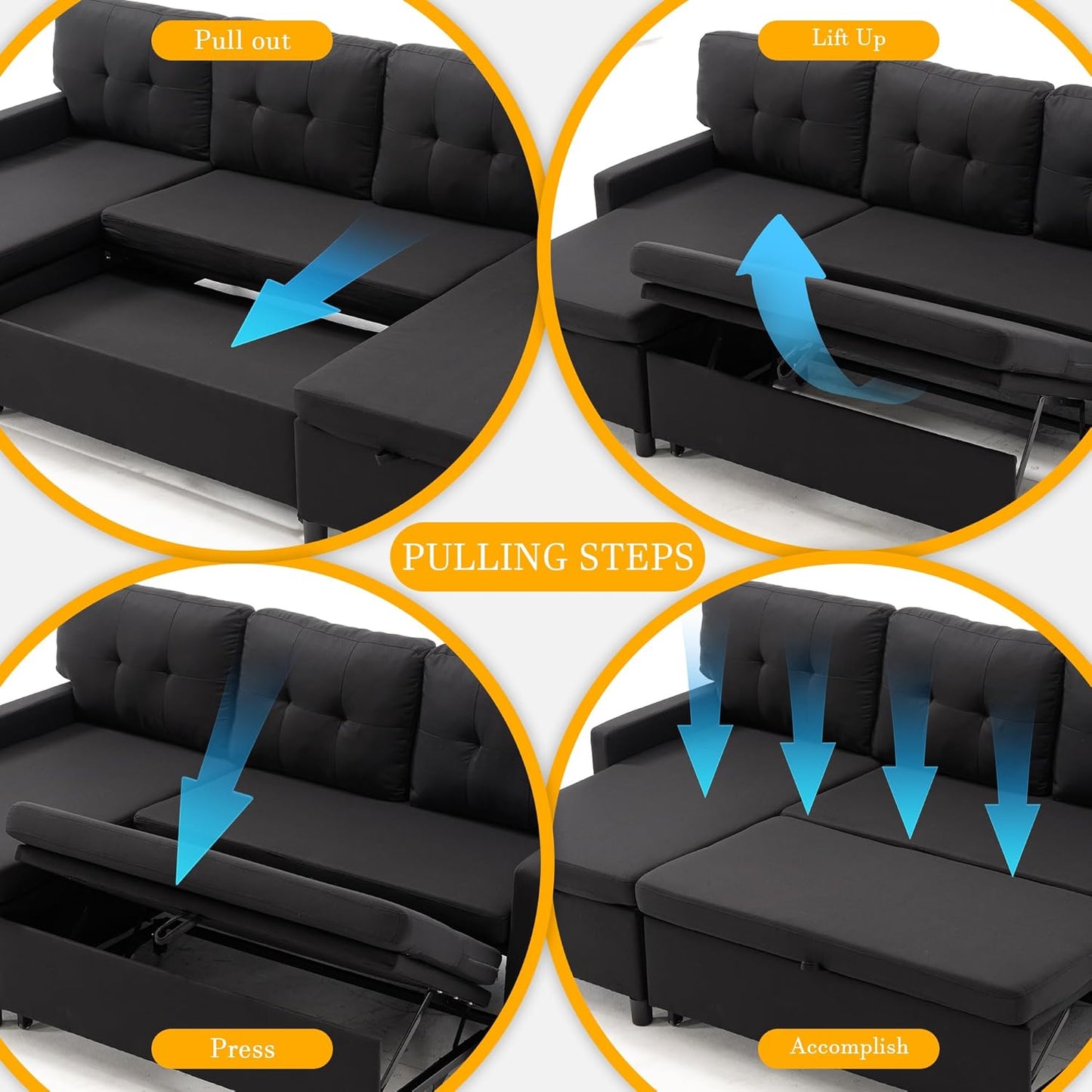 Pull Out Couch, Oversized Sleeper Sofa Couch, Sectional Sleeper Sofa Bed for Living Room Bedroom Lounge (Black, 110 Inch)