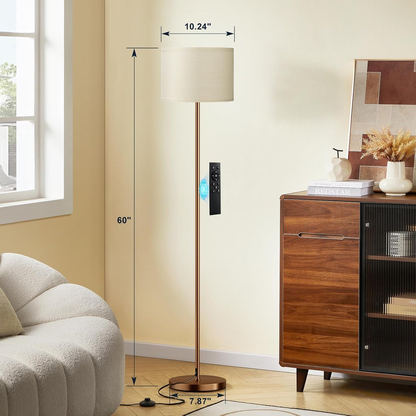 Ambimall Floor Lamps for Living Room with Remote Control and Stepless Dimmable Colors Temperature & Brightness, 9W Bulb Included(Beige Lampshade & Brown Pole)