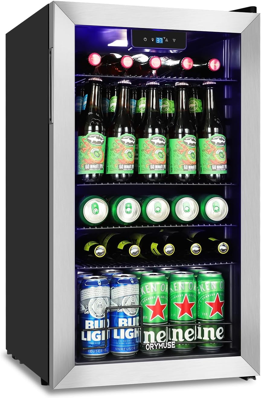 120 Can Beverage Refrigerator – Mini Fridge with Glass Door for Soda Beer or Wine, Beverage Cooler for Bedroom, Office, Bar with Adjustable Shelves & Digital Temperature Display, Silver