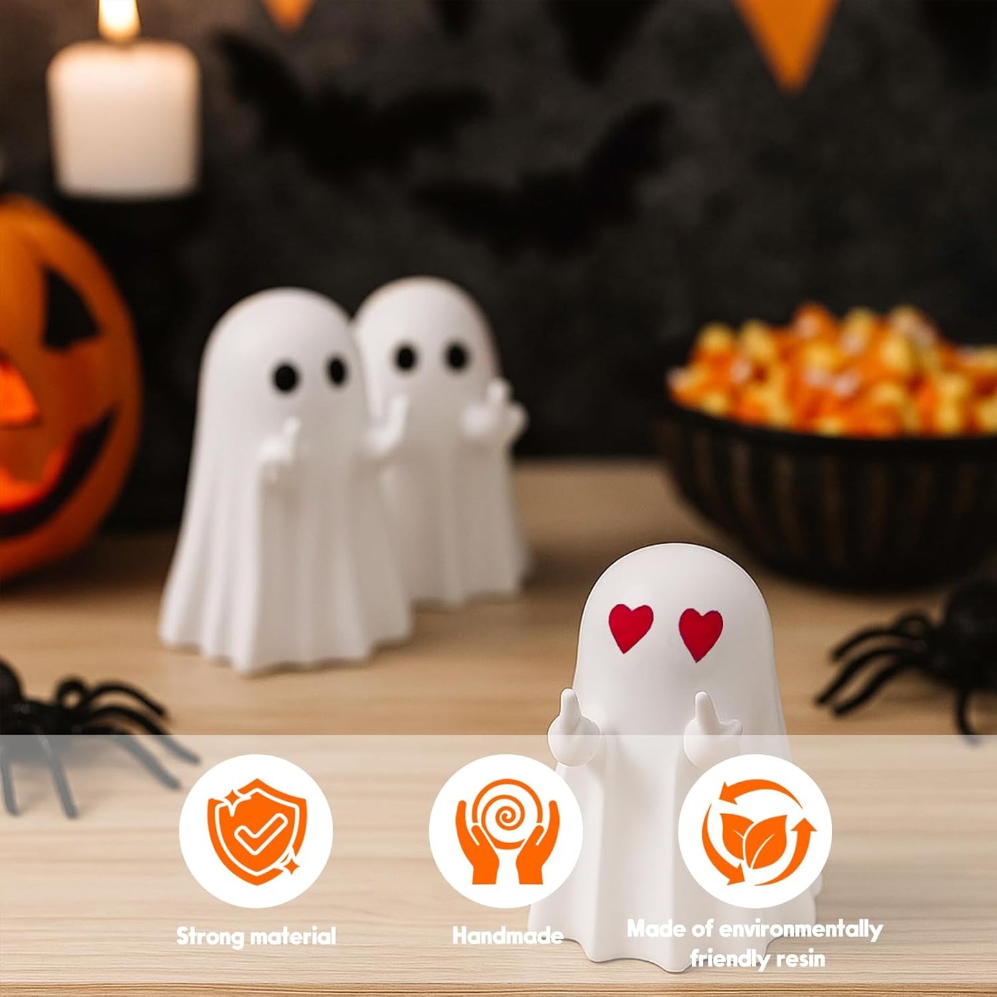 Halloween Ghost Figurine, Funny Middle Finger Spooky Resin Statue, Cute Heart Ghost Decor for Halloween Decorations Indoor, Porch and Indoor Spooky Home Party Decor Gifts