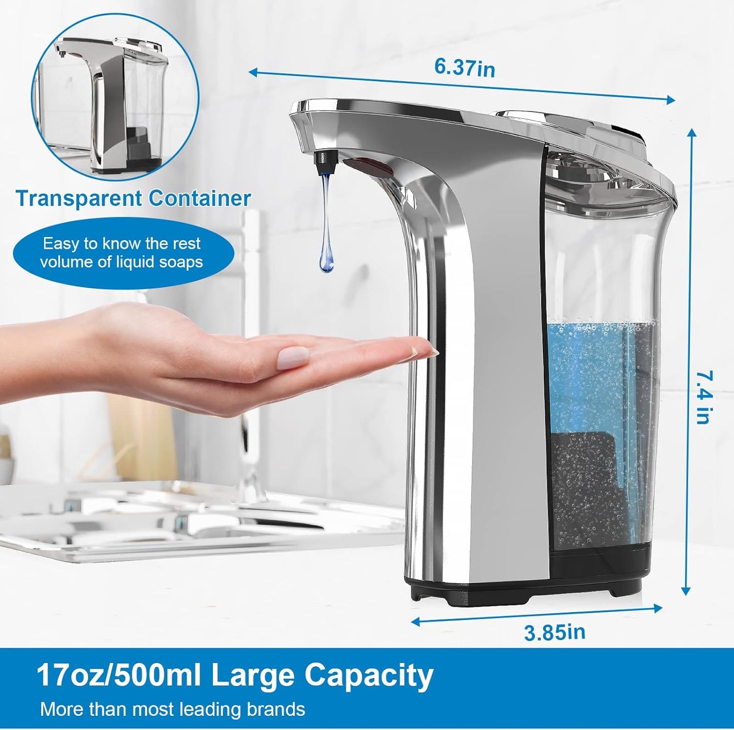 Automatic Soap Dispenser, Touchless Dish Soap Dispenser 17oz/500ml with Upgraded Infrared Sensor, 5 Adjustable Soap Dispensing Levels, Liquid Hand Dispenser for Bathroom (Silver Set)