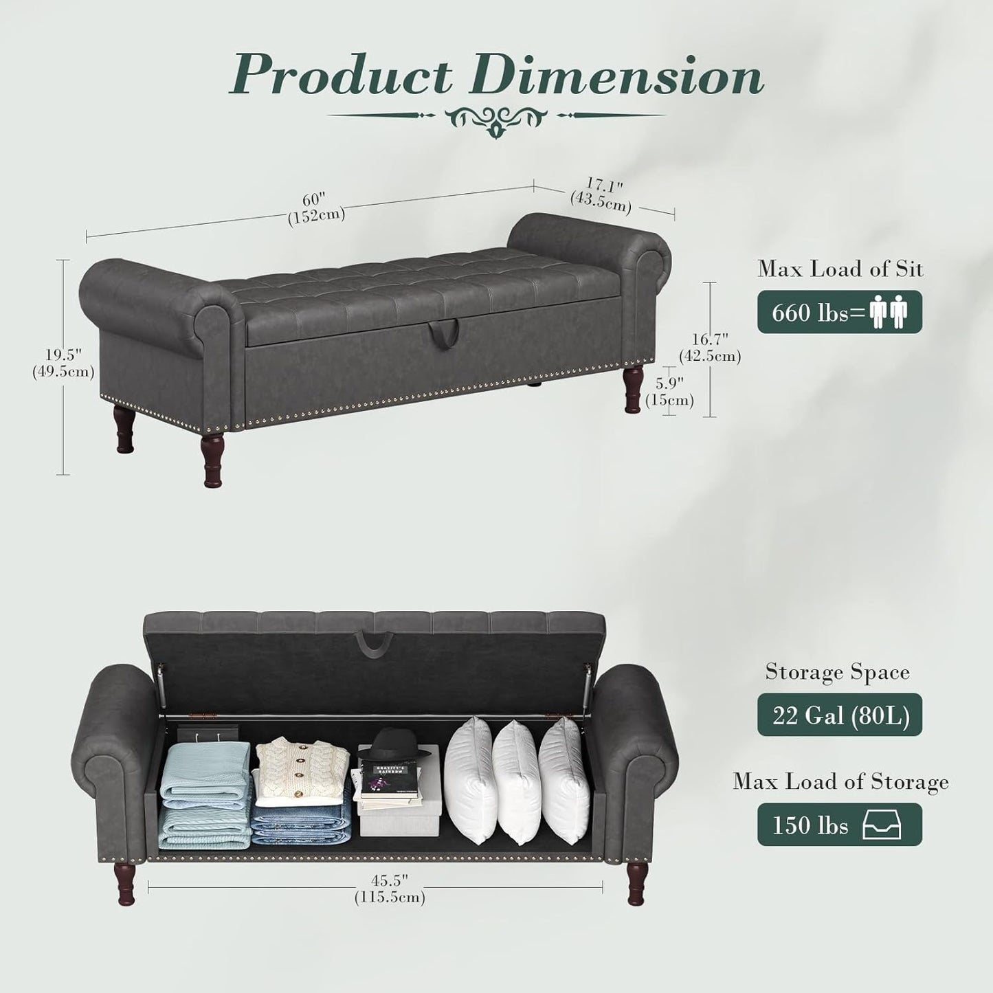 Apicizon 60”Bench with Storage, Upholstered Tufted Button Window Bench with Plenty Hidden Storage Space,Faux Leather Ottoman Bench for Bedroom, Living Room, Entryway，Gray