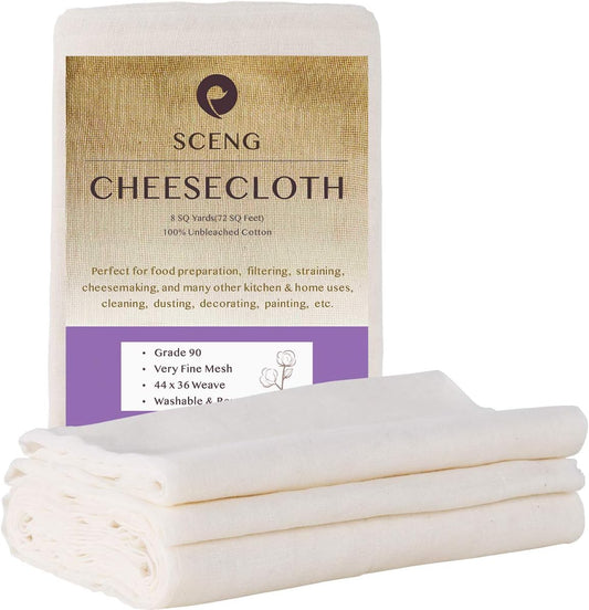 Cheesecloth, Grade 90, 72 Sq Feet, 100% Unbleached Cotton Fabric, Ultra Fine Reusable Cheesecloth for Cooking, Straining (Grade 90-8Yards)