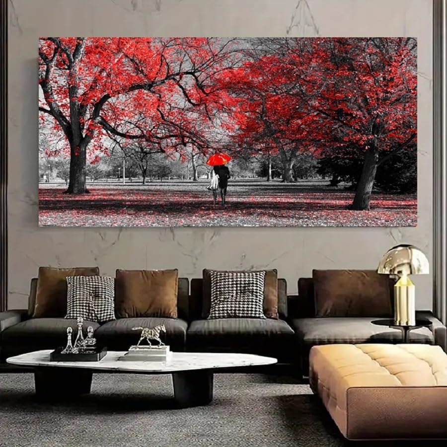 Bamdeya Black White and Red Canvas Wall Art Tree Painting Forest Prints Art Scenery Picture Romantic Couples Artwork for Wall Framed Large Wall Art Living Room Décor Wall Art Bedroom-30x60inches